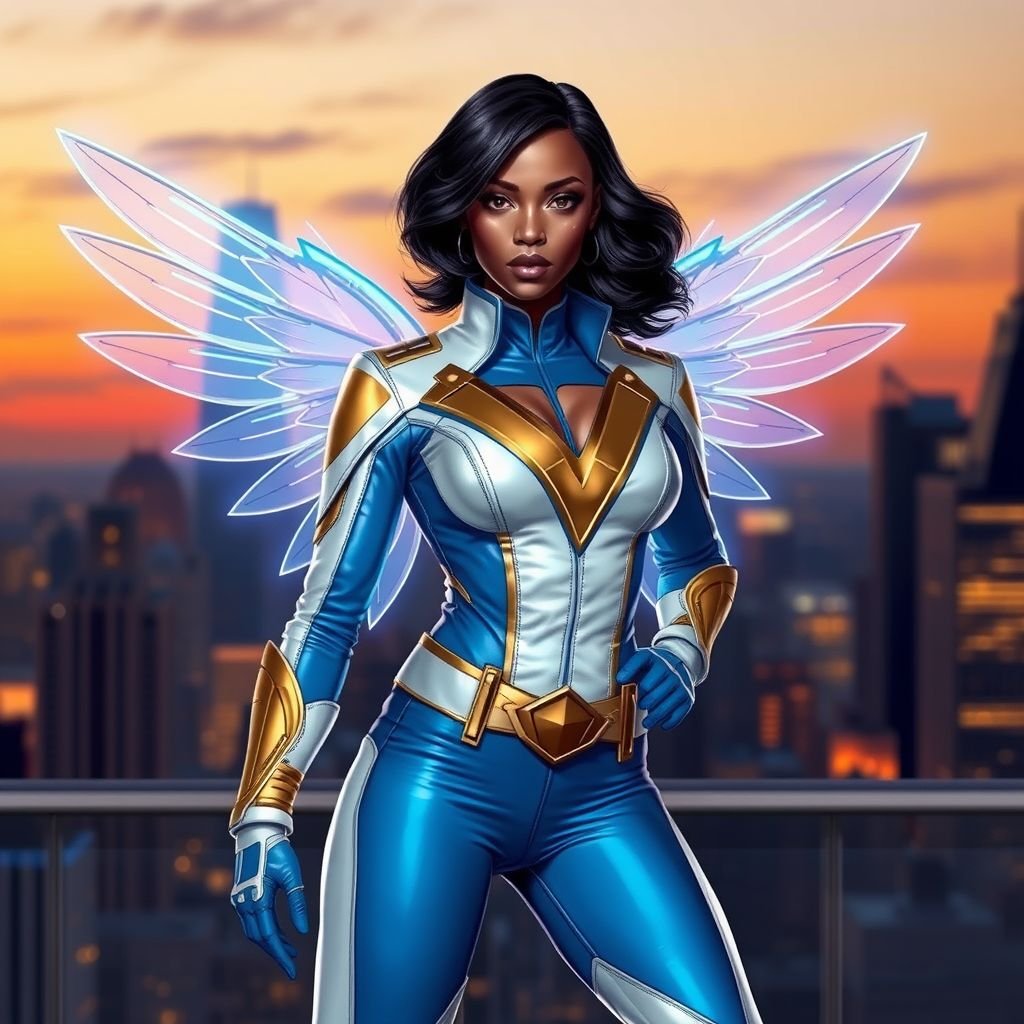 African American female superhero with shoulder length hair in a side part style and holographic wings wearing a homemade leather white and blue suit with gold accents and blue pants with a stylized V as her chest emblem wearing gold flat boots  made of gold fire standing in Philadelphia at dusk