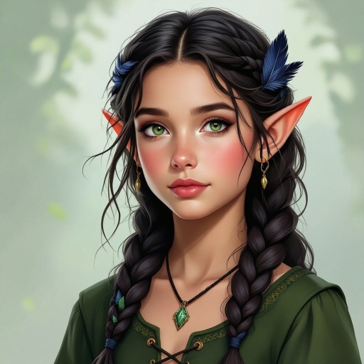 Young girl, half elf half Druid dark hair with raven feathers throughout her hair sporadically but her hair is in messy braids she’s only about 5’2 and her out foot is green