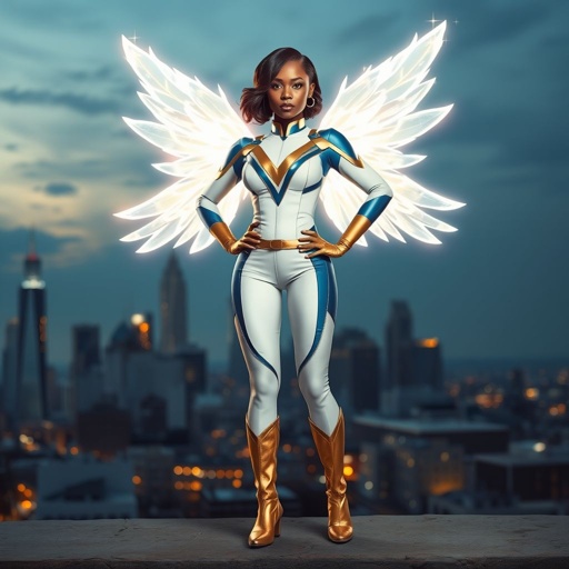 African American female superhero with shoulder length hair in a side part style and wings made of white fire  wearing a slightly homemade  white blue and gold suit with blue pants with a stylized V as her chest emblem wearing gold flat boots made of gold standing in Philadelphia at dusk