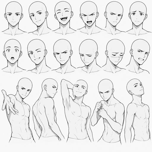 Different face expressions male thin half body drawing base, dynamic, bald, head face expressions