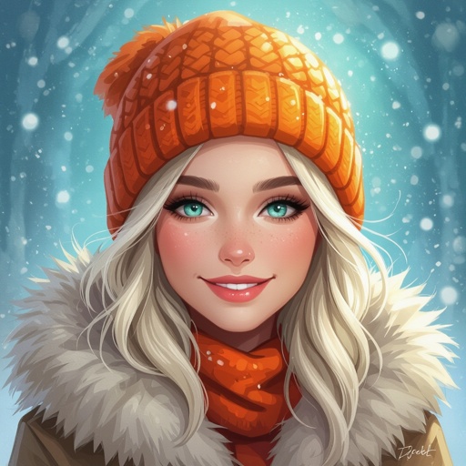 Kobieta o jasnych włosach, ubrana w zimową czapke w kolorze pomarańczowym i jasnobrązowe futro. Niebieskozielone oczy. Uśmiechnięta. 
