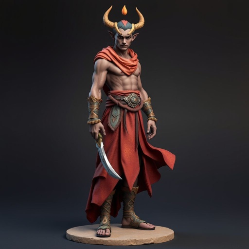 Create handsome hero  Rhen the Fire – A lean, muscular man. He wears layered, flowing desert robes dyed in warm reds and golds, with scorch marks where flames have licked them. A curved blade hangs at his hip.  Show whole body head to toe including her shoes.