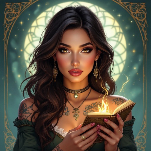 Kobieta człowiek. Ciemnobrązowe włosy, brązowe oczy, pełne usta, delikatny makijaż, tatuaże. Wróżka tarota