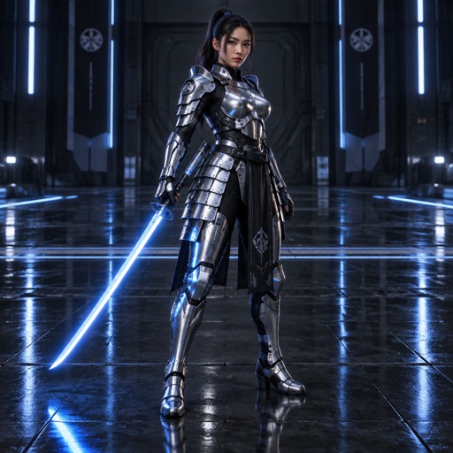 Woman in a futuristic samurai silver armor. Show whole body.