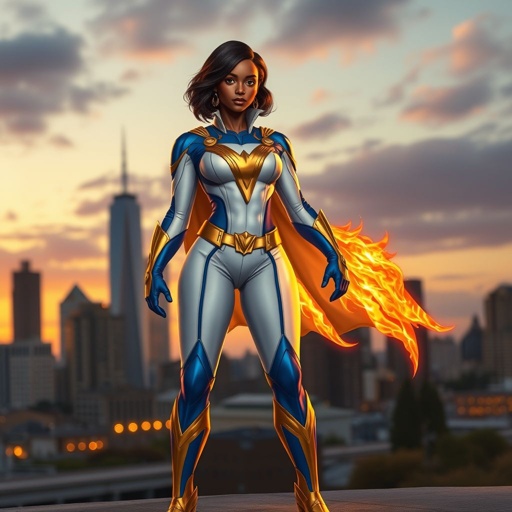 African American female superhero with shoulder length hair in a side part style wearing a homemade white and blue suit with gold accents and blue pants with a stylized V as her chest emblem wearing gold flat boots with wings made of gold fire standing in Philadelphia at dusk