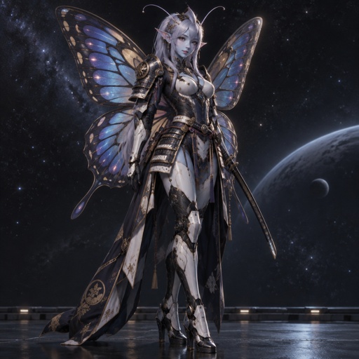 A gorgeous alien butterfly woman in a futuristic space samurai armor. Show whole body. 