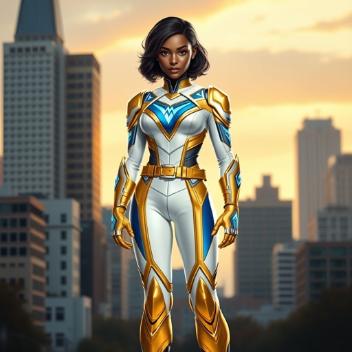 A teenage African American female superhero with slightly curly hair in a shoulder length side part style wearing a polyester armored white and Gold suit with blue accents and a stylized V as her chest emblem a utility belt and gold boots standing in Philadelphia