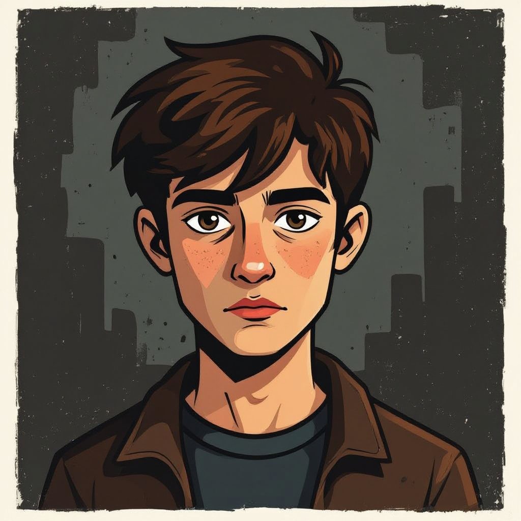 Mysterious teen boy with dark brown hair brown eyes and with a dark past