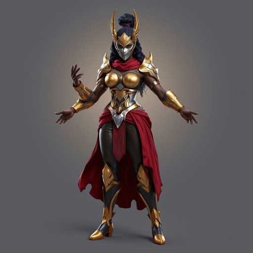 An African American woman wearing A full face female mask with gold accents wearing a gold and silver set of chest armor with a red cloth wrapped around her waist wearing leather pants with leg armor and gold boots