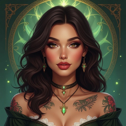 Kobieta człowiek. Ciemnobrązowe  do pasa włosy, brązowe oczy, pełne usta, delikatny makijaż, tatuaże. Pyzata twarz. Tarot