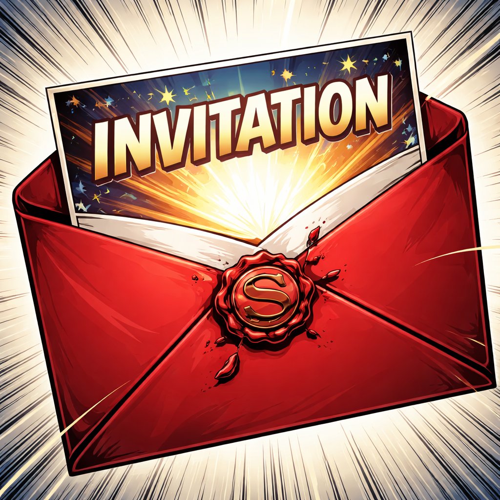 No caricature no speech bubble a very expensive looking invitation card inside a Scarlet envelope. We see the full envelope and partial card. and the cracked seal of the open card.