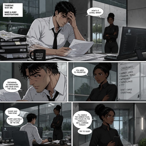 Anime style, Agent Ward nice wave hair,is tallish,clean shaven,nice,no glasses,cares about partner,shy, good at his job,very organized but when a lot of work happens all at one and there’s a limited time he can get very disheveled,likes his partner but to scared to admit it,is smart,his partner Ruby she's dark skin serious ,intimidating,plays by the rules makes sure she gets all the answers she needs and makes sure those she interrogators gives her all the answers needs to know about she doesn’t know about Wards feeling,as a comic