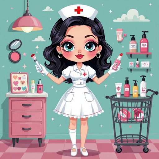 Create a nurse character showing there whole body head to toe, a lady who loves beauty products  