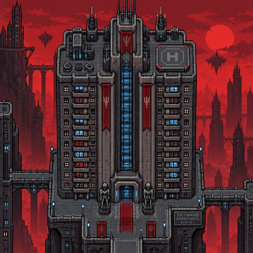 Apartment called red sky full building, for a futuristic fantasy city game, exterior, top down style