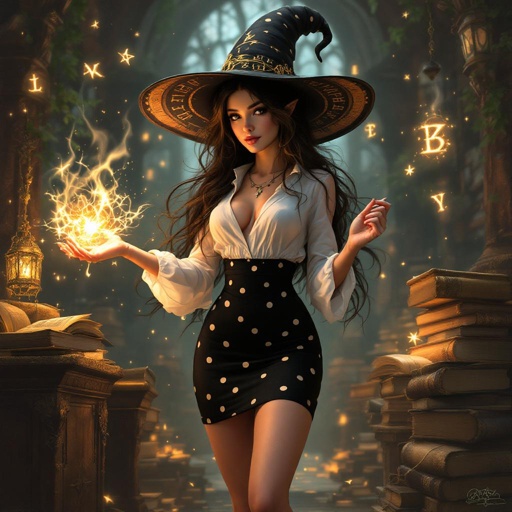 Brunette Elf Wizard Librarian with Long brunette hair in a tight black and white polka dot mini pencil skirt and a white open blouse and a big witches hat