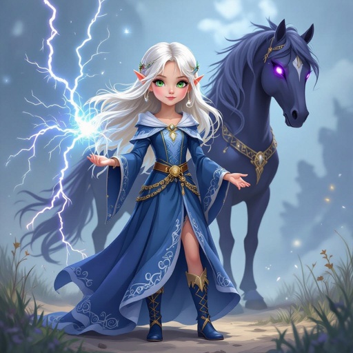 A small Elvin princes. She is age 10 and she is 4’ She has extra long hair flowing down her back to the ground. Her hair is platinum blonde. She has green eyes. her dress is a dark blue. It has a small key hold on her chess it is bell sleeves cuffing around her wrists. I has gold accents on the dress. her dress has layers it has 1 slit in the front of the dress. her dress is princess style She has small boots on that match her dress. Behind her is a giant shadow horse with purple glowing eyes. It is standing protectively around her. The horse is taller than her. She is casting chain lightning at someone in the distance.