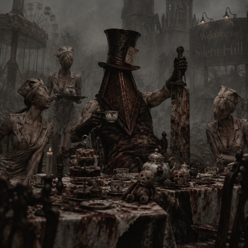 Silent Hill with pyramid head and the nurses with an Alice and wonderland spin with mad hatter as pyramid head
