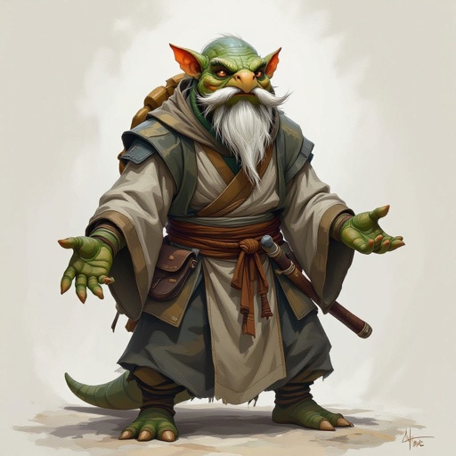an old Tortle monk, he has a whispy mustache and a long pointy beard on his chin. His skin and shell are thick and gnarled. He is wearing classic monk robes.