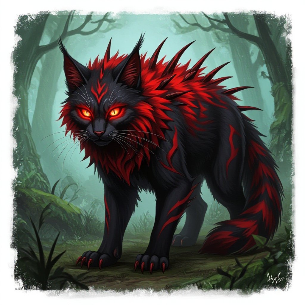 feral fantasy feline, crimson and black fur, thorny ridges along spine, glowing red eyes, mystical hybrid, forest predator