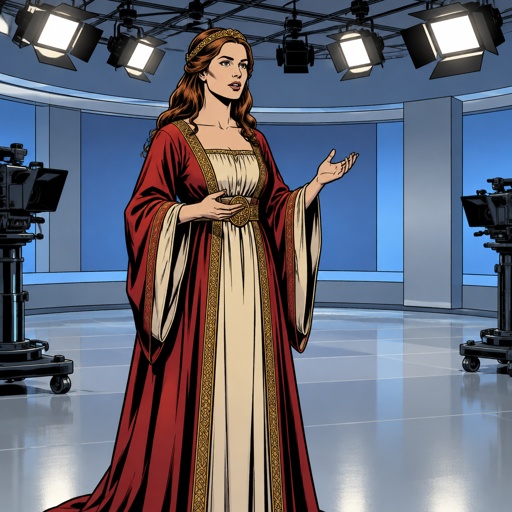 We are in a TV studio, whose main colours are blues greys the fluorescent lighting unannounced or stands in front. She’s dressed in renaissance robes and she is speaking. No speech bubbles no print dots. A TV studio with a cool design, ceiling and floor, but neutral walls so that text can be written on them no people.