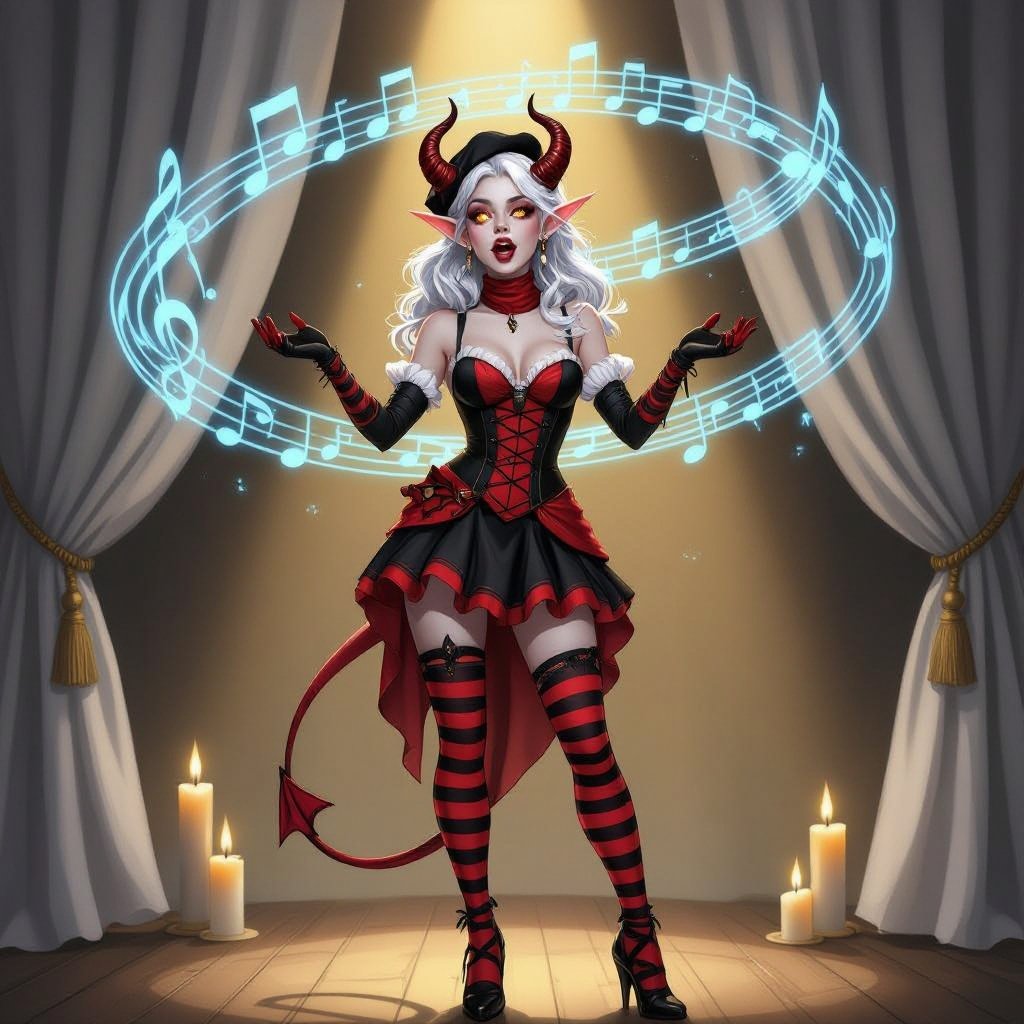 A semi-realistic fantasy portrait of Evangeline Ivey, the Fierna Tiefling Bard of the College of Glamour, captured mid-performance on her candlelit stage.  She stands full-body beneath soft golden light, ivory curtains draped behind her, and glowing blue musical notes spiraling through the air as if alive with her magic. Her porcelain-pale skin (#F3EDEB) gleams in the warm light, contrasting against her long silver-white hair (#D6D6DA) cascading around her shoulders. Her amber-gold eyes (#C88C21) are wide with theatrical expression, her mouth open in mid-song or gasp. Dark brown ridged horns (#4A3A2C) curve elegantly from her brow, and her pale devil’s tail curls behind her, tipped red-and-black like an exclamation mark of performance.  Outfit — “Infernal Mime” Parody Costume: • Black-and-deep-red striped bodice with suspenders and gold buckles • Short flared skirt trimmed with faint gold edge • Matching striped thigh-high stockings and long fingerless gloves • Red silk neck scarf tied neatly at her throat • Black heeled shoes and beret with her horns peeking through  Scene & Lighting: Warm candlelight and soft shadows create a theatrical glow across the stage floor and her form. The air is alive with faint magical motes shaped like music notes, curling around her in shimmering blue light.  Mood & Expression: Expressive, whimsical, and dramatic — a parody of classic mimes infused with bardic flair. Evangeline’s pose is mid-gesture, both hands raised as if she’s frozen between song and spell, her eyes alight with mischievous emotion and glamourous command.