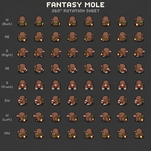 Mole for a fantasy game set in modern times, top-down style, 360
