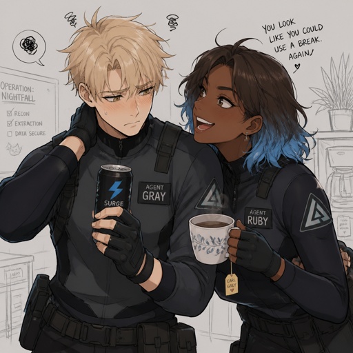 Agent gray nice wave blond hair, nice,no glasses,cares about partner, shy,good at his job, very organized but if a lot of work happens all at one and there's a limited time he can get very disheveled, likes his partner agent Ruby but to scared to admit it, smart,energy drinks,can unintentionally be funny. Anime style, Ruby she's dark skin with brown hair light blue tips, serious, intimidating, makes sure she gets all the answers,very good at interrogating,very loud, being calm is hard, loves tea, she cares about her partner gray but doesn't know about gray's feelings to her, she smiles a lot there both interacting with each other anime style 