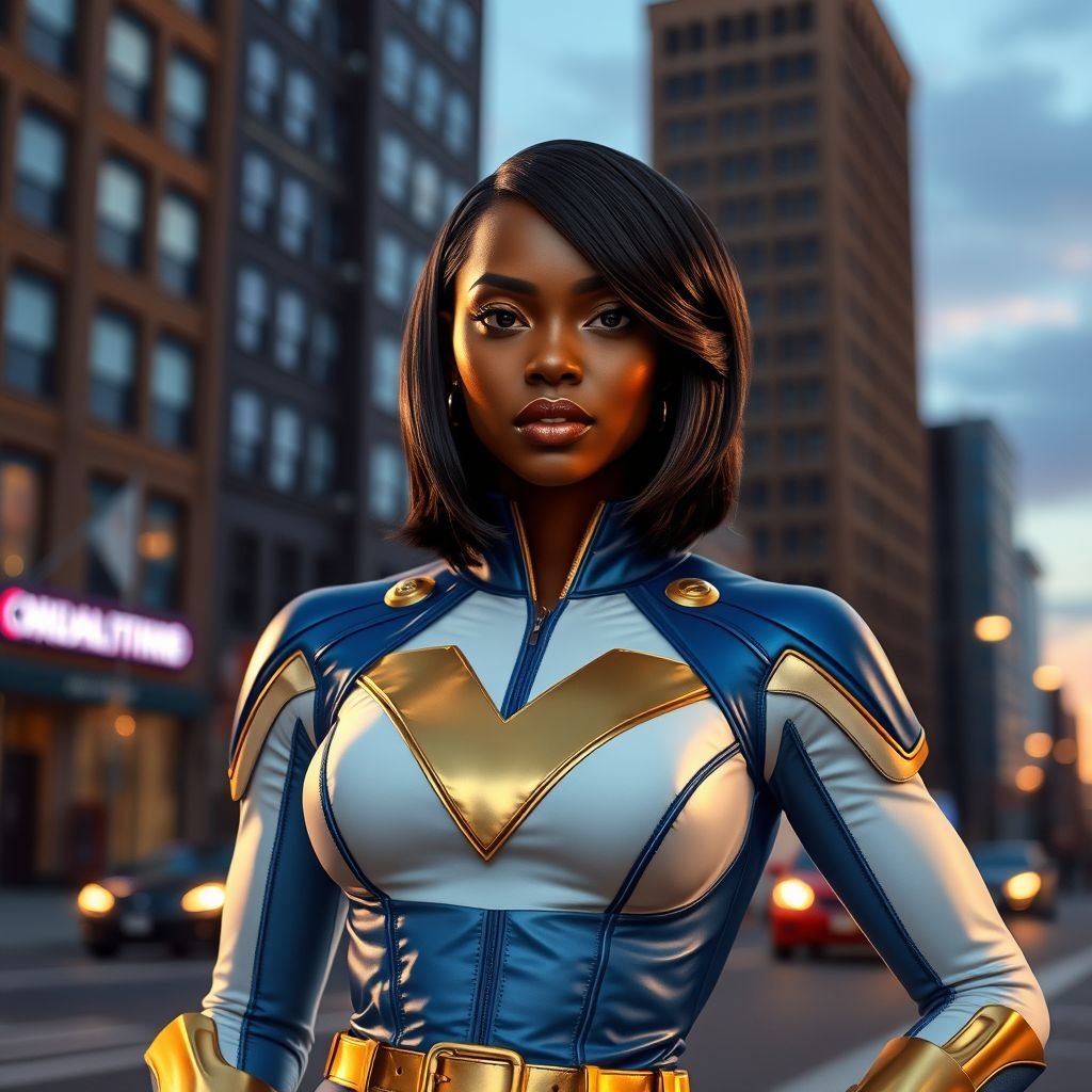 African American female superhero with shoulder length hair in a side part style and wearing a homemade white blue and gold suit with blue pants with a stylized V as her chest emblem wearing gold flat boots made of gold standing in Philadelphia at dusk