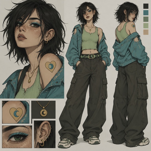 Female, teen, freckles, dark green eyes, cyan ray shadow, ear piercings, choppy black neck length messy hair, bangs on one side of face, cyan jacket with shoulder holes, light green crop top, yellow heart tattoo with a blue moon inside on shoulder, baggy pants, belt with dark and light green triangles, gold necklace,