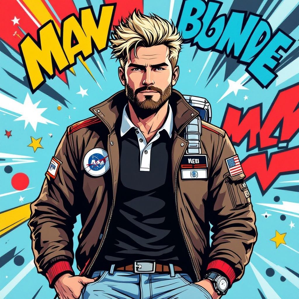 man with Dirty Blonde Unkempt Hair and Goatee. Astronaut Flight Jacket Black And White Polo and Light blue denim jeans with red sneakers