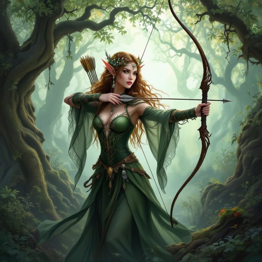 Women tree elf in the woods in a Halloween costume holding a long bow