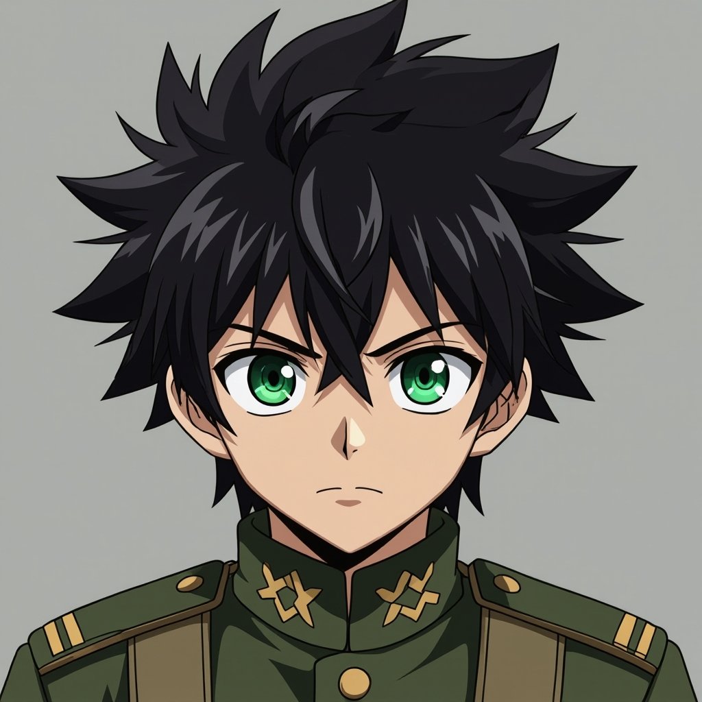 Male. 15 years old. Black hair. Green eyes. Military uniform.