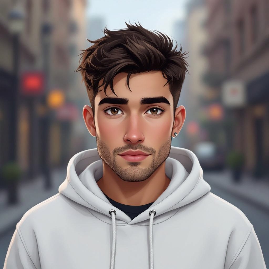 Mężczyzna o krótkich, ciemnobrązowych, włosach. z krótkim zarostem.  ciemne oczy. Ubrany w białą bluzę z kapturem. Wąskie usta, Gęste brwi. Bez kolczyków. pyzaty.