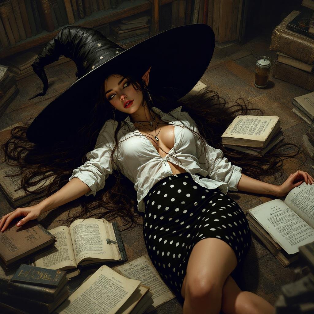 Brunette Elf Wizard Librarian with Long brunette hair in a tight black and white polka dot mini pencil skirt and a white open blouse and a big witches hat. She looks like is SO drunk laying on the floor of the library