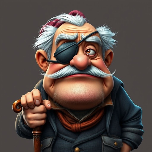 Create a grouchy funny old character who has 1 eye patched. Make him fat with a cane. Show his whole character head to toe in image 