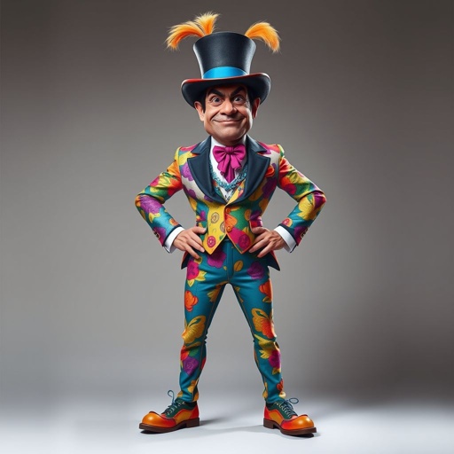 Create a funny arrogant character , showing him head to toe like his whole outfit 