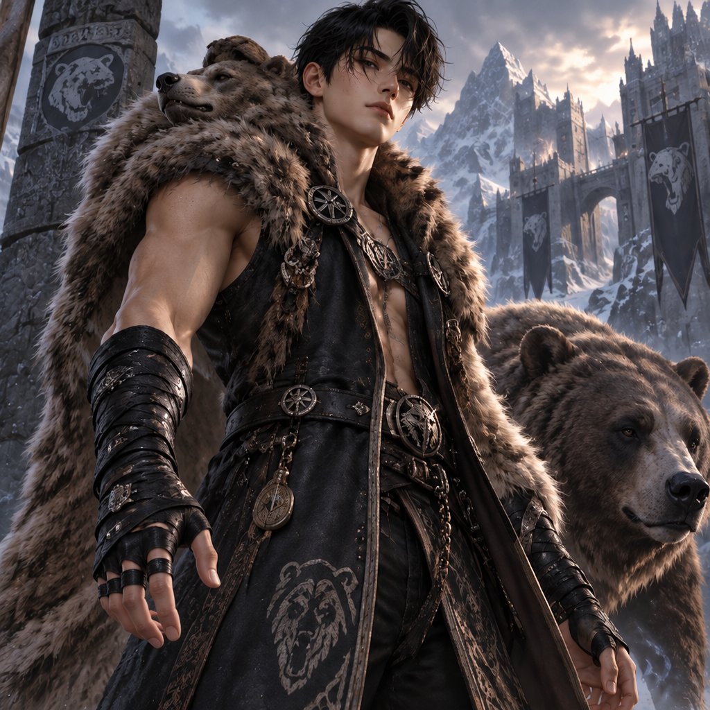 a man standing next to a bear in front of a mountain