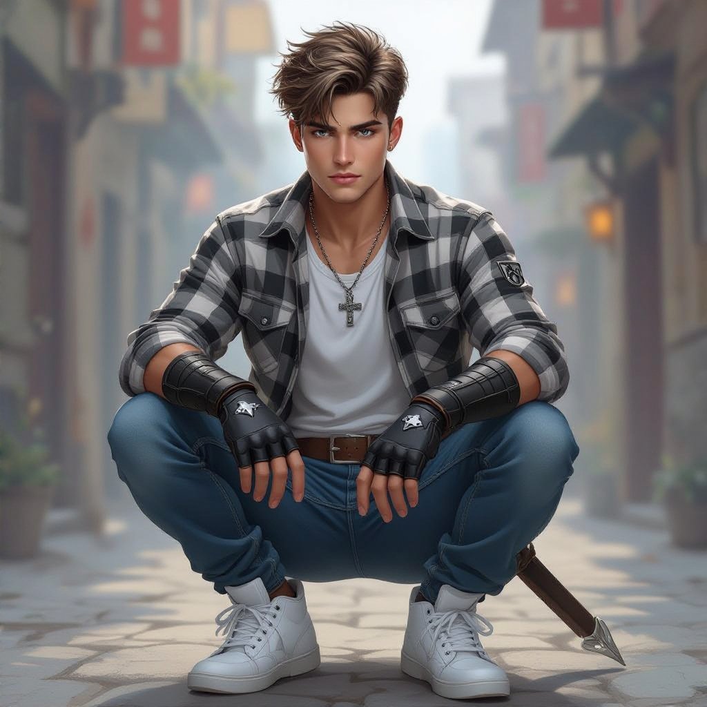 A 20 year old guy with grey eyes, short light brown hair styled in a loose undercut modern curtain, wearing white airforce shoes, white socks, a white under shirt with a grey, black, and white plaid shirt with blue jeans, hands are black open fingered gloves, cross necklace