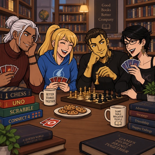 Kado Thorne from Fortnite pale and tan white hair medium length back hair bun, Samus Aran zero suit, Midas from Fortnite, Bayonetta from super smash bros short hair, all at a library, playing fair games, all wearing casual clothes, double date 