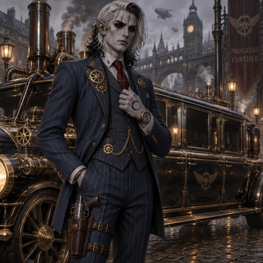 Male, grey skin, cheekbones, pointy ears, completely black eyeballs, red iris, scar across one eye, white shoulder length hair black tips, black symbol on forehead, half blue moon on back of hand, earpiece, gun holster on leg, wristwatch, pinstripe blue suit, red tie, serious, standing in front of limousine, thin