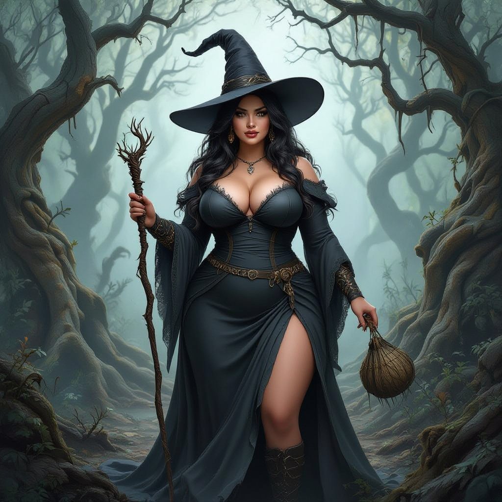 A full body portrait of a curvey plus size witch with long hair and a very dark graywitch hat that matches with her dress, with a small wand in her hand, standing in a rotting forest