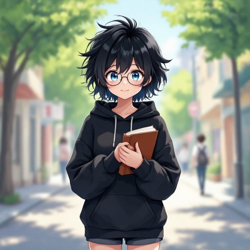 a girl with a flap chest, wears a oversized black hoodie and black shorts, has very short black, messy hair, beautiful blue eyes, wears perscription glasses, holding a book close to her chest, cute and beautiful, a my hero academia animation