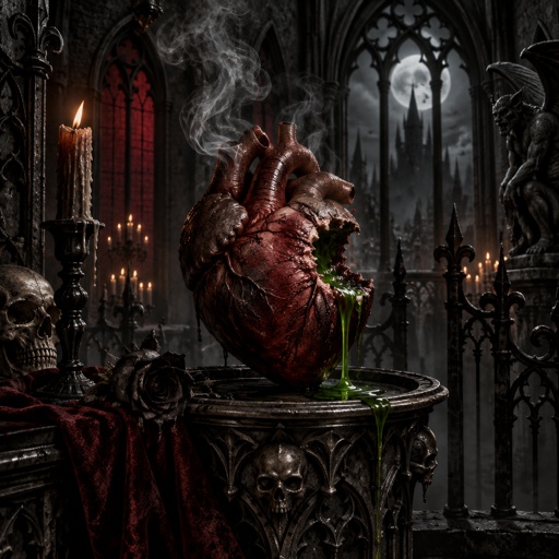 Human heart with bite out smoking and poison dripping 