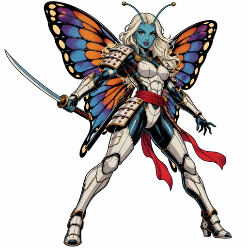 A gorgeous alien butterfly woman in a futuristic space samurai armor. Show whole body. 