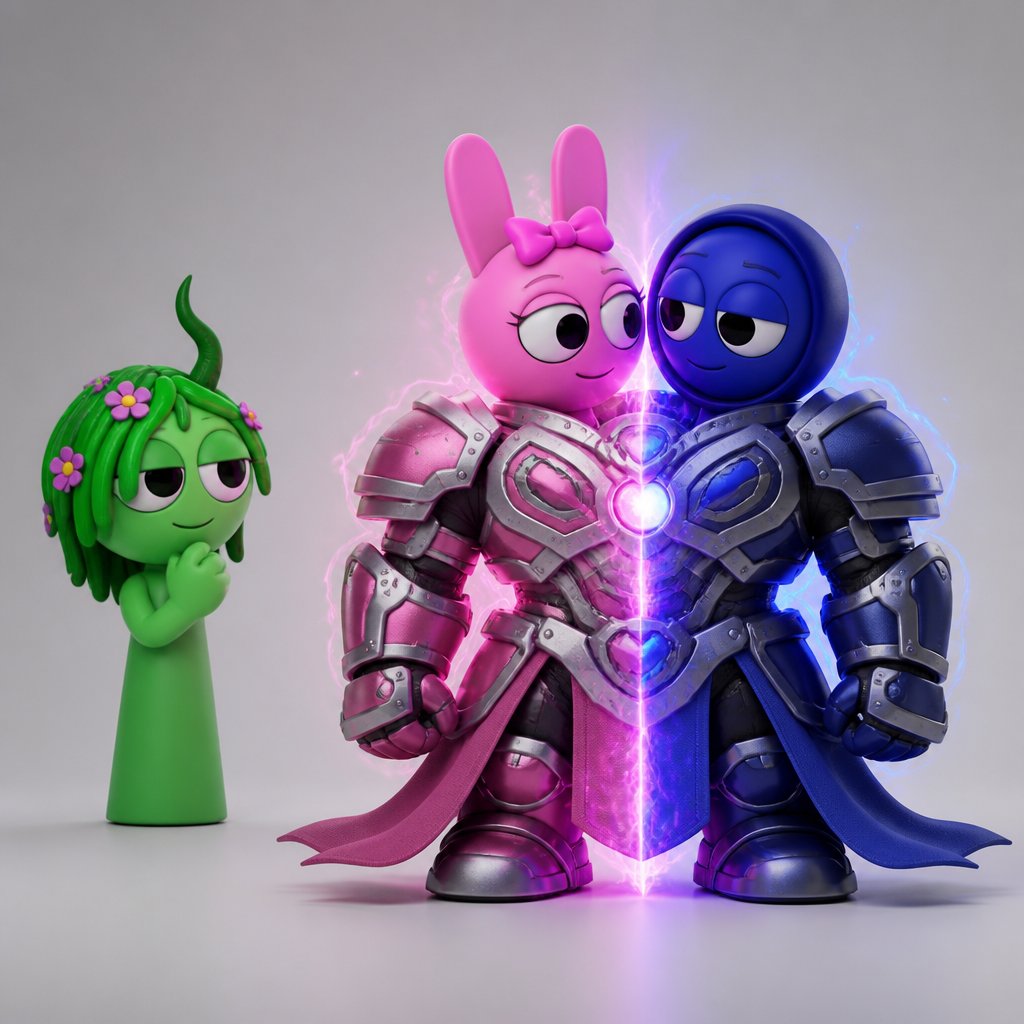 Vineria from Sprunki watching Pinki from Sprunki as Elita One merged with Jevin from Sprunki upgrading the twos shared armour to be more powerful and more durable