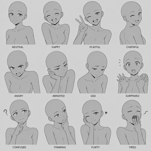 Different face expressions half body drawing base, dynamic
