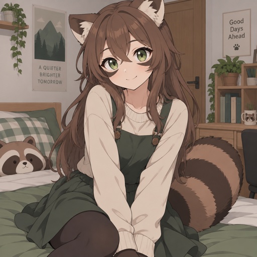 Female raccoon furry, modest clothes, long brown hair, green eyes