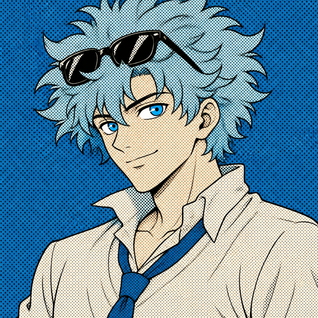 Anime Agent Rockwell very poof up messy hair half side longer and drooped down hair is a light blue skin color white,very bright blue eyes,wears a suit tie is loose,he doesn't wear his jacket his collar to his shirt is uneven sunglasses on his head He's know for his mischievous and reckless behavior but takes missions very seriously is one of the best agents they have Ren is Rockwell's partner is very serious and organized opposite of Rockwell, get very annoyed at Rockwell's behavior they tend to argue with each other but Rockwell is more of having fun