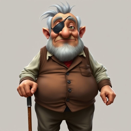 Create a grouchy funny old character who has 1 eye patched. Make him fat with a cane. Show his whole character head to toe in image 