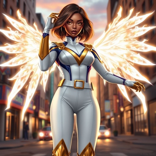A teenage African American female superhero with brown hair with gold highlights in a shoulder length side part hairstyle with pure Gold Glowing eyes wearing a white suit with gold and royal blue  with white pants and gold and white knee length boots with a utility belt with a gold V  as her chest emblem with glowing  wings made of white fire in Philadelphia 